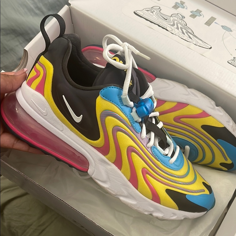 Nike Air Max 270 React in Yellow, Pink, and Blue